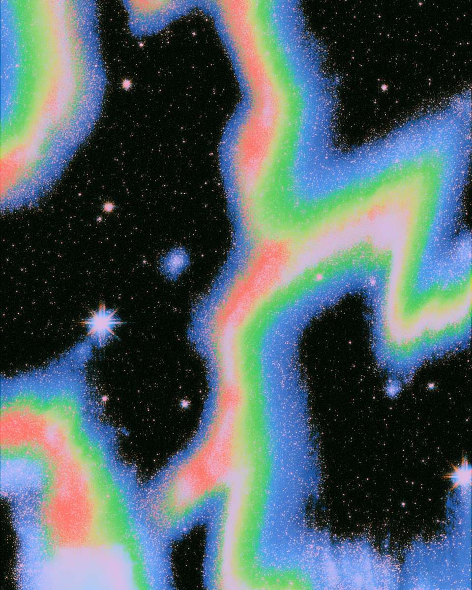 An open-space map with a starfield crossed by bands of colour